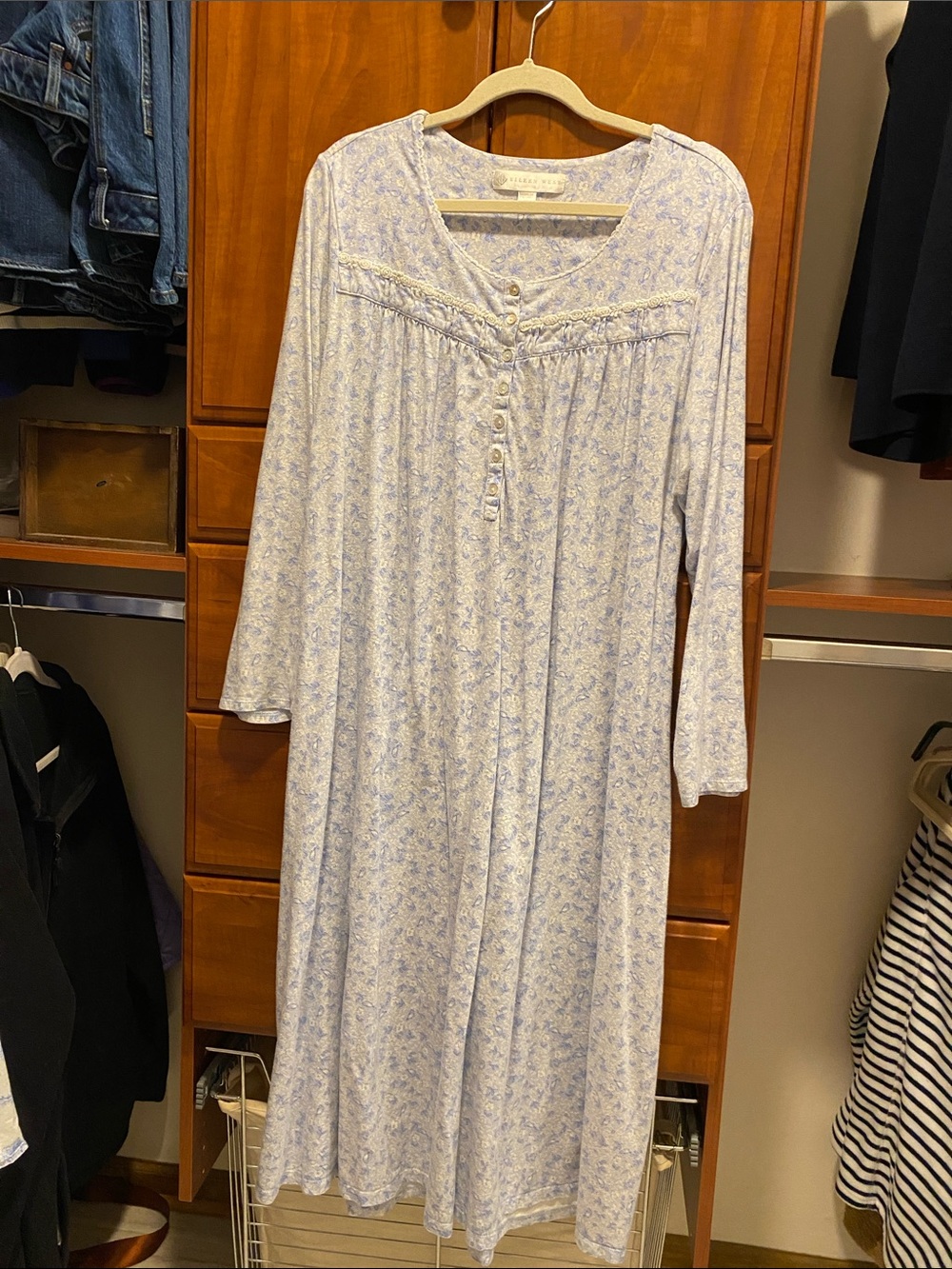 Eileen West Light Blue Floral Button-Front Long Nightgown